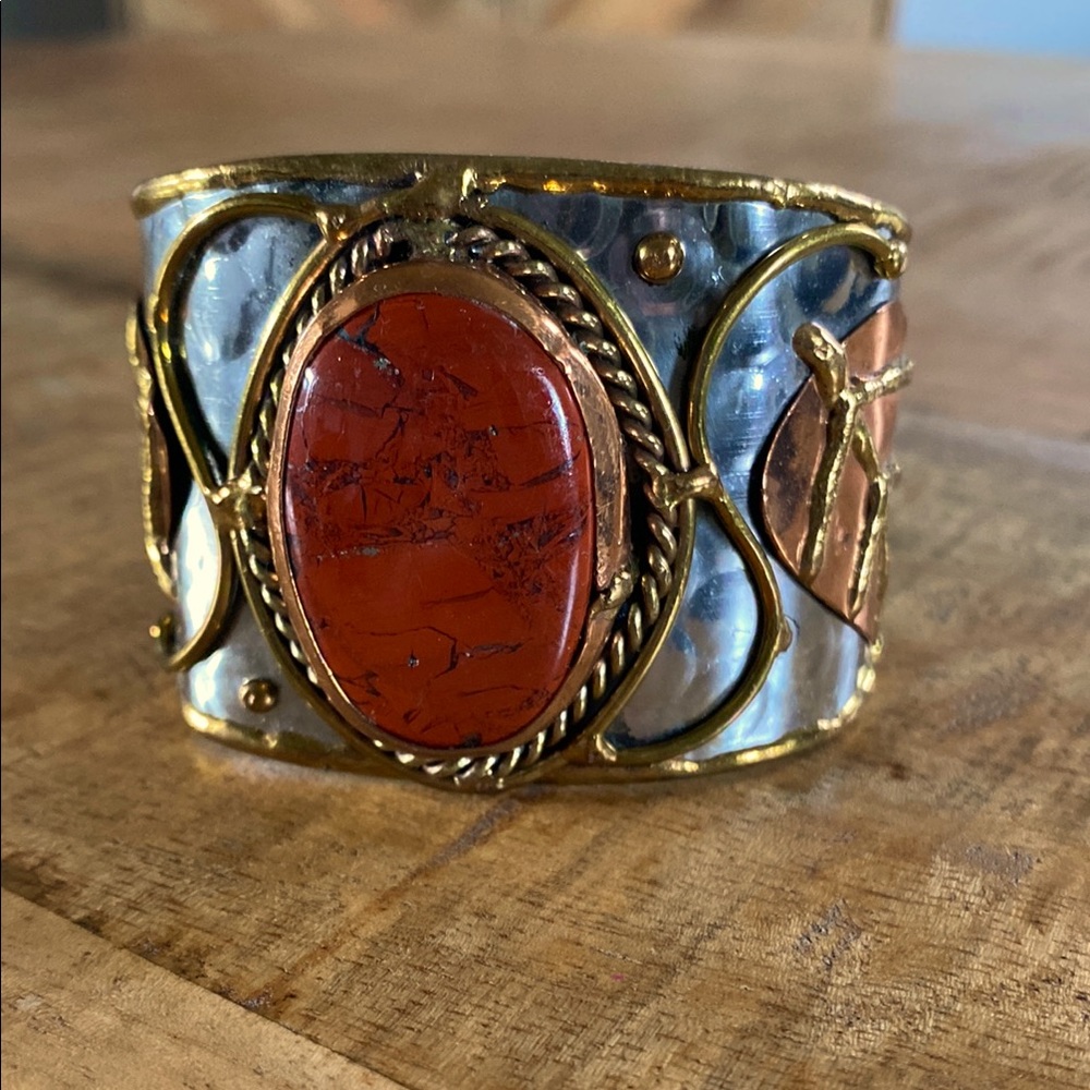 One-of-a-Kind Modernist Brutalist Mixed Metal & Jasper Cuff